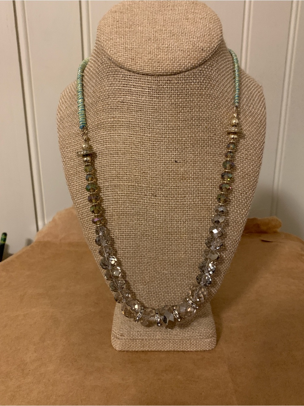 Loft Glass Bead Statement Necklace greenish beads  Cubic Zirconia gold tone
